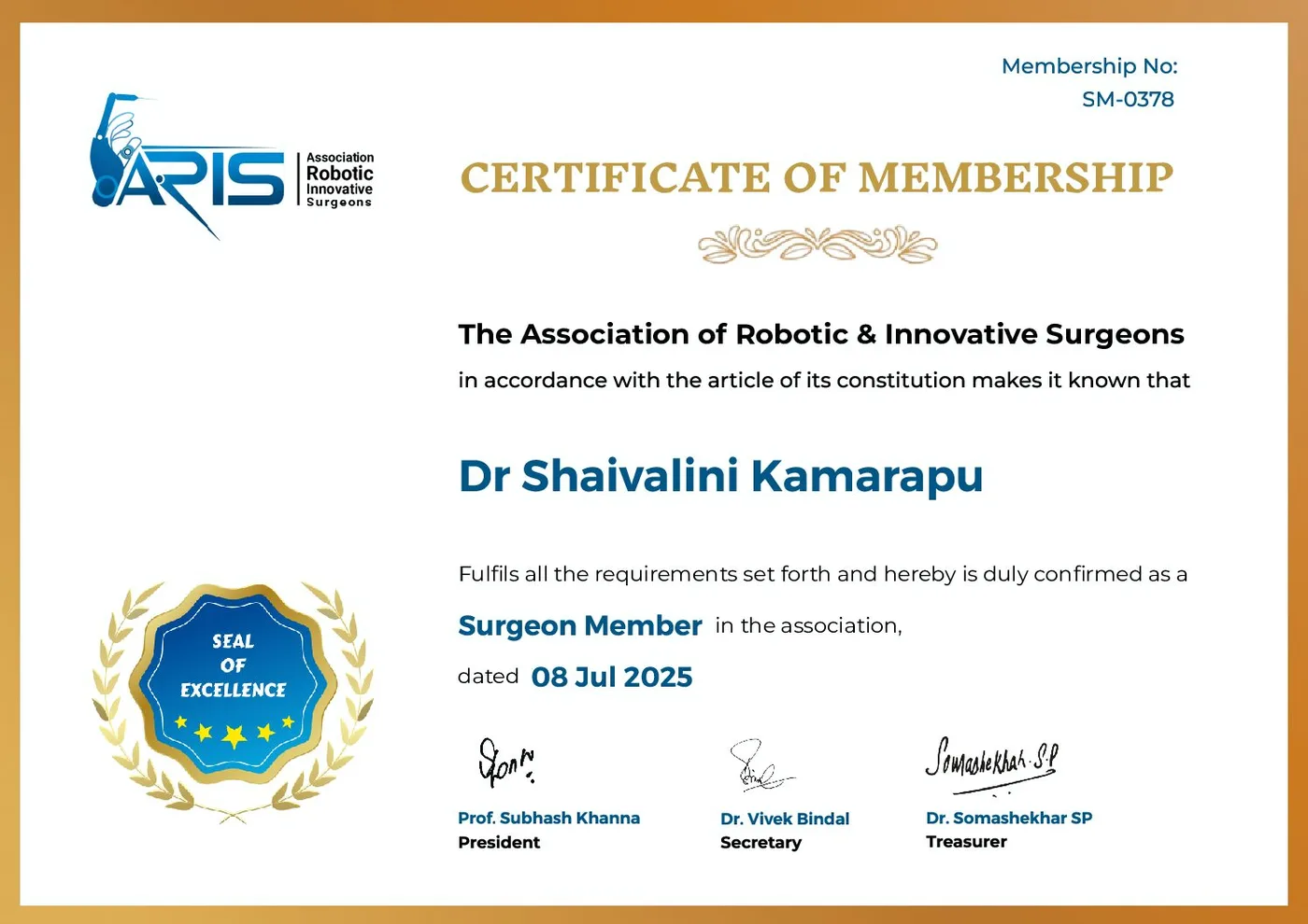 Certificate — Surgeon Member — Association of Robotic & Innovative Surgeons, Association of Robotic & Innovative Surgeons (ARIS)