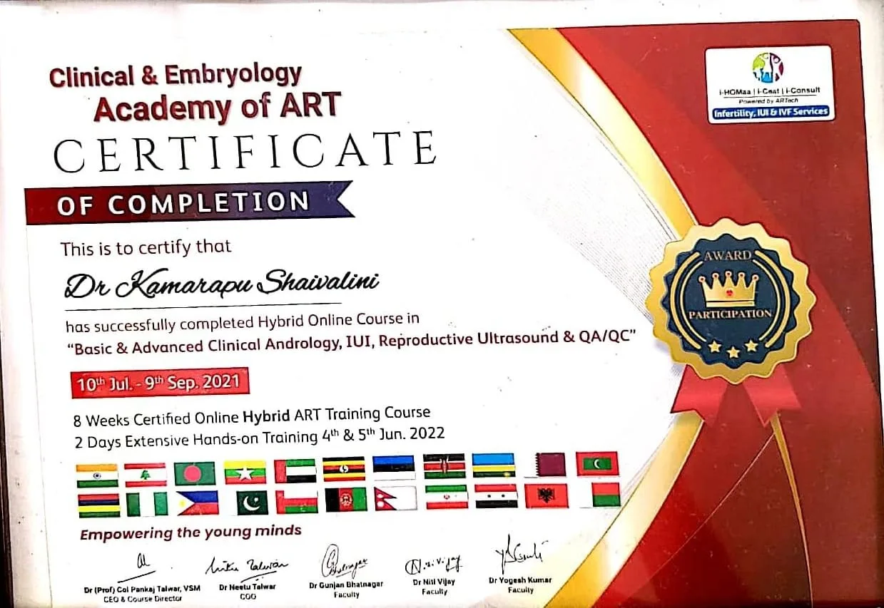 Certificate — Basic & Advanced Clinical Andrology, IUI and Reproductive Ultrasound, Clinical & Embryology Academy of ART