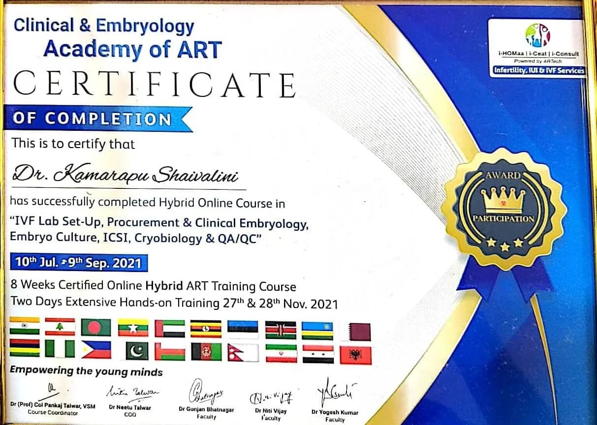 Certificate — IVF Lab Set-Up, Clinical Embryology, Embryo Culture, ICSI and Cryobiology, Clinical & Embryology Academy of ART