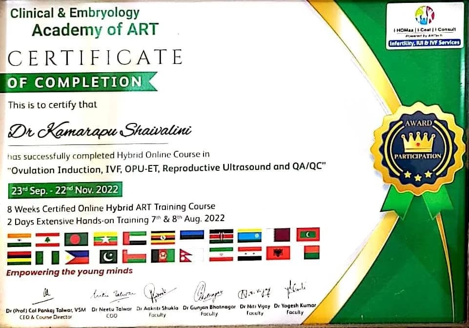 Certificate — Ovulation Induction, IVF, OPU-ET, Reproductive Ultrasound and QA/QC, Clinical & Embryology Academy of ART