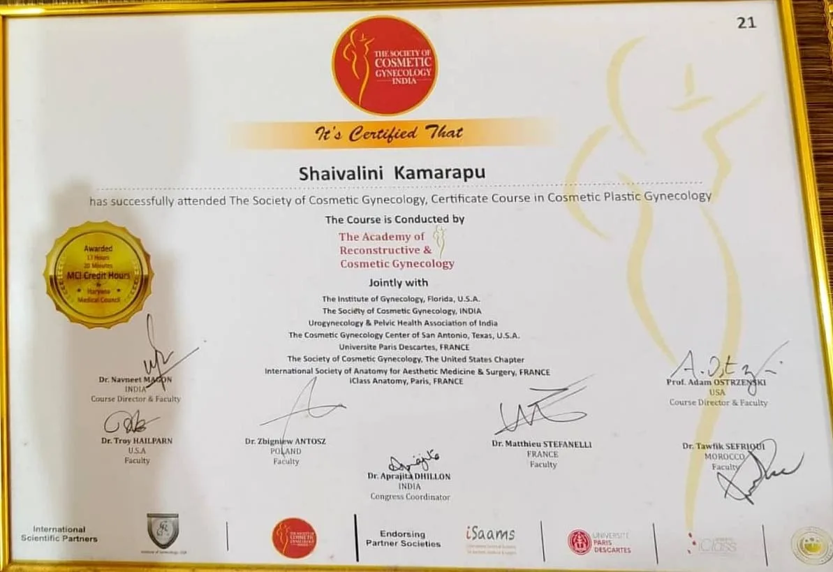 Certificate — Certificate Course in Cosmetic Plastic Gynaecology, The Society of Cosmetic Gynecology, India — with the Academy of Reconstructive & Cosmetic Gynecology