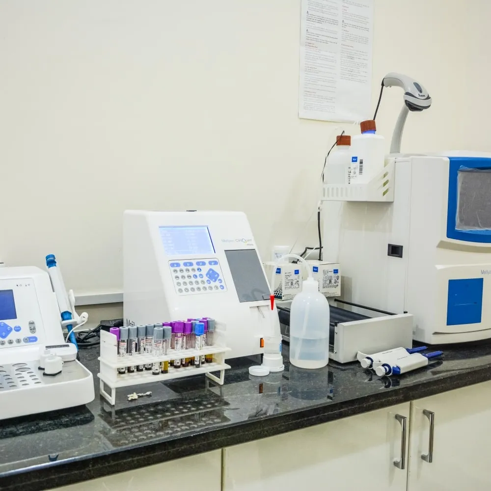 Blood test analysers in the laboratory at AMVI Hospitals