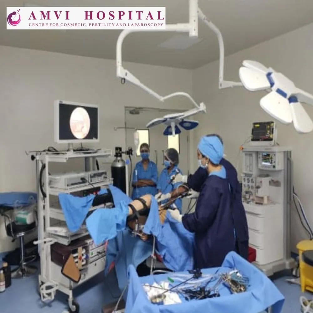 Laparoscopic surgery in progress in the operation theatre at AMVI Hospitals